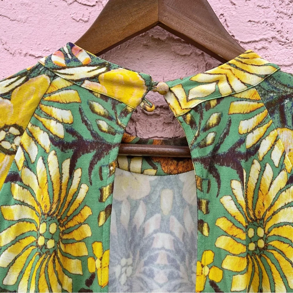 Free People Rayon Tortoise Floral Paisley Baroque Print Swing Dress Womens XL